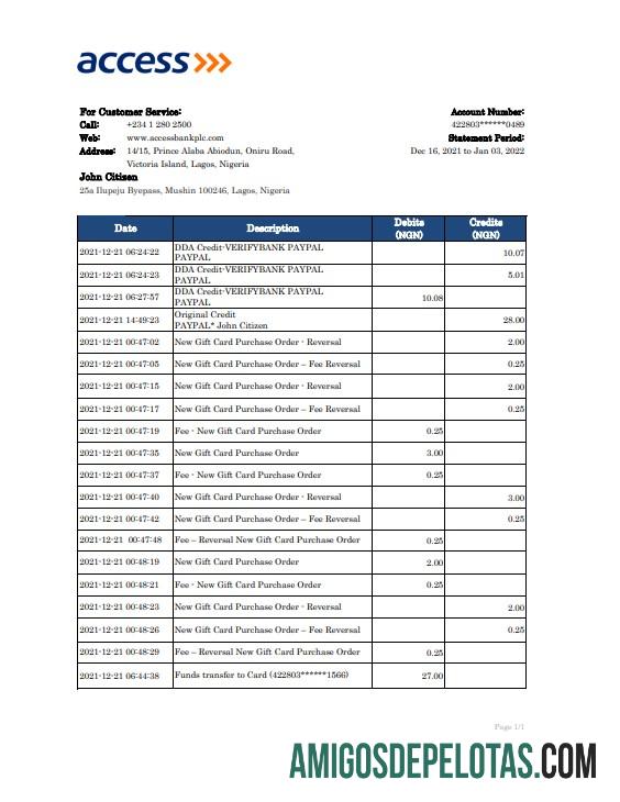 extrato bancário em branco da Nigéria, modelo Excel e PDF